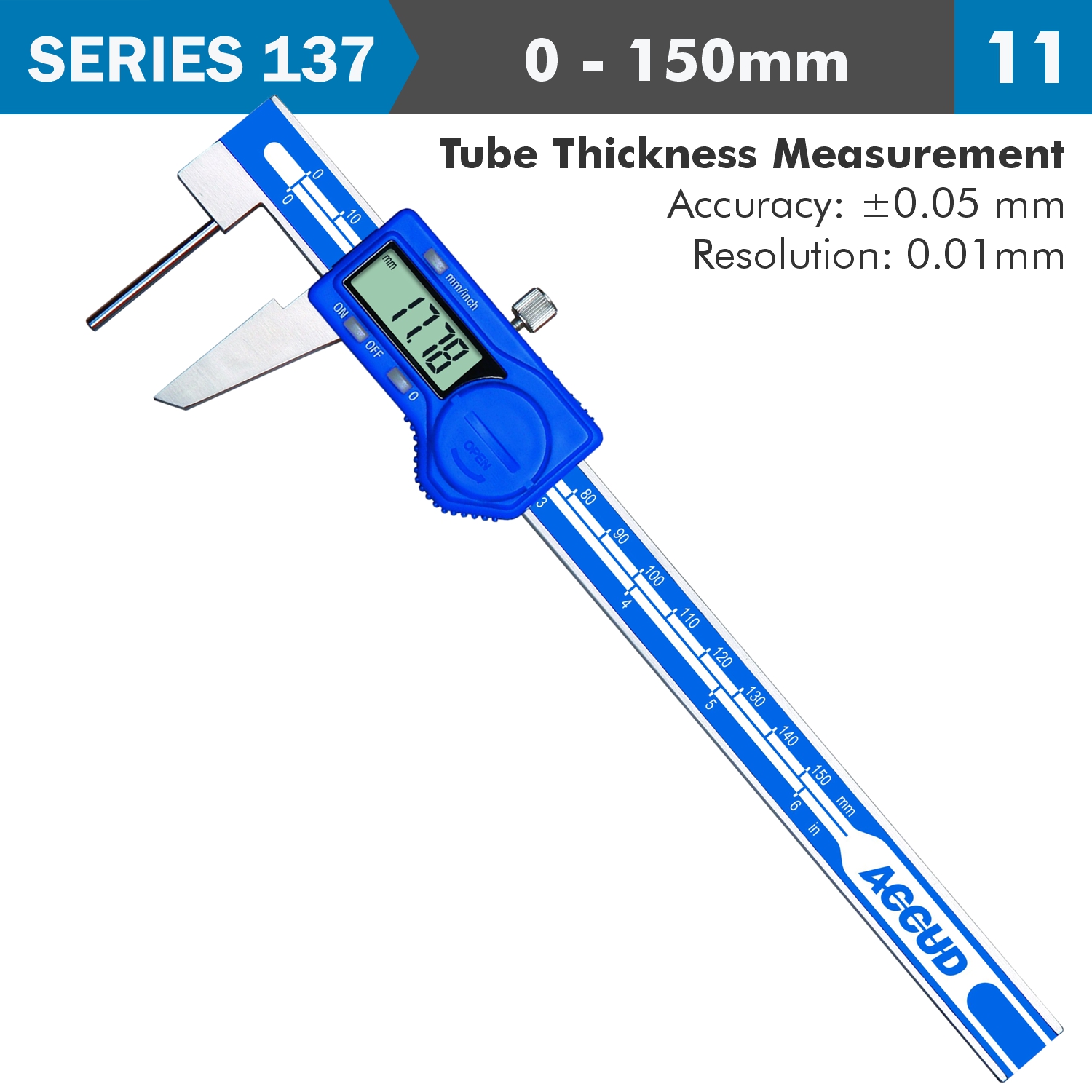 DIG. TUBE THICKNESS CALIPER 150MM 0.05MM ACC. 0.01MM RES. S/STEEL