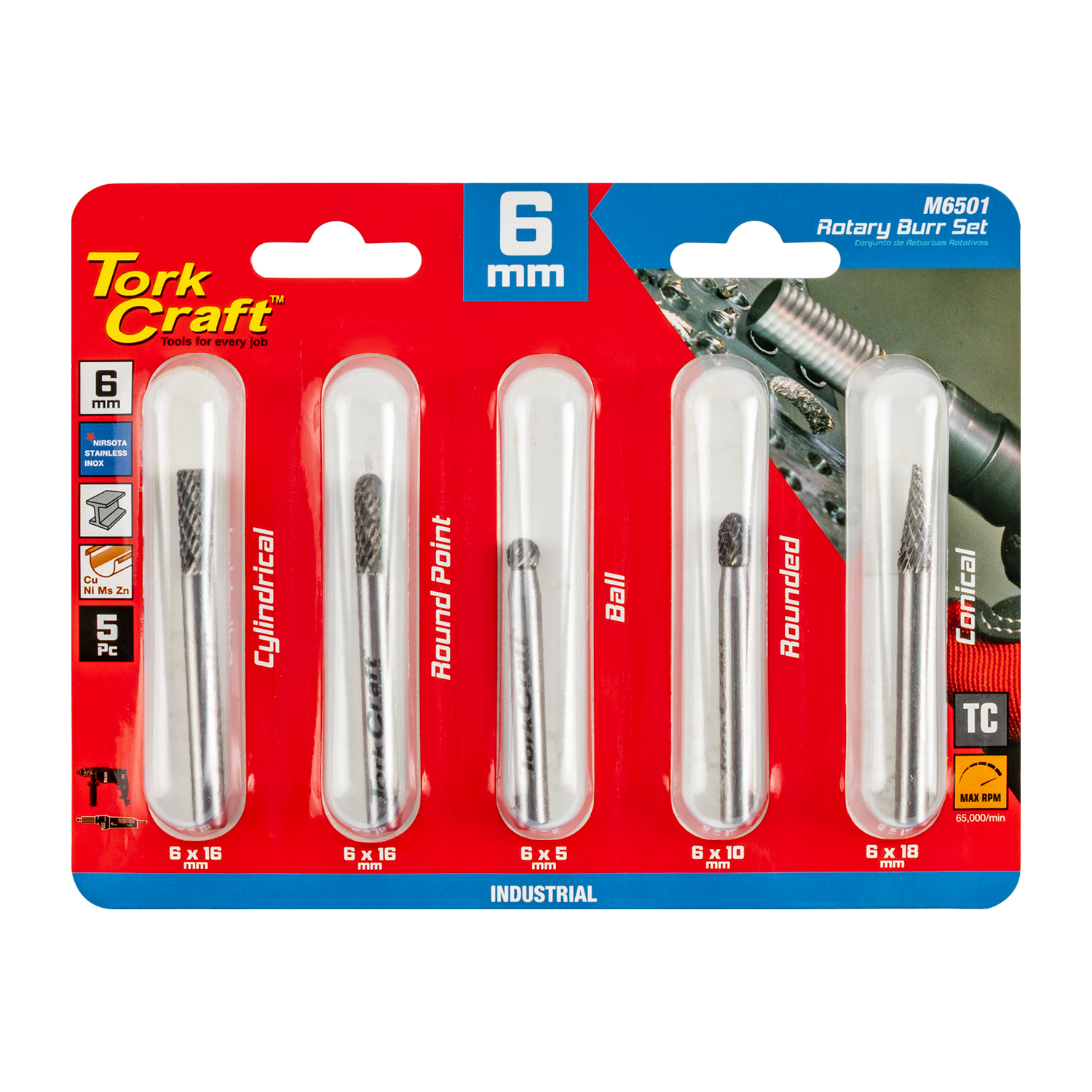 ROTARY BURR SET 5 PC ASSTD 6MM DIA TUNGSTEN