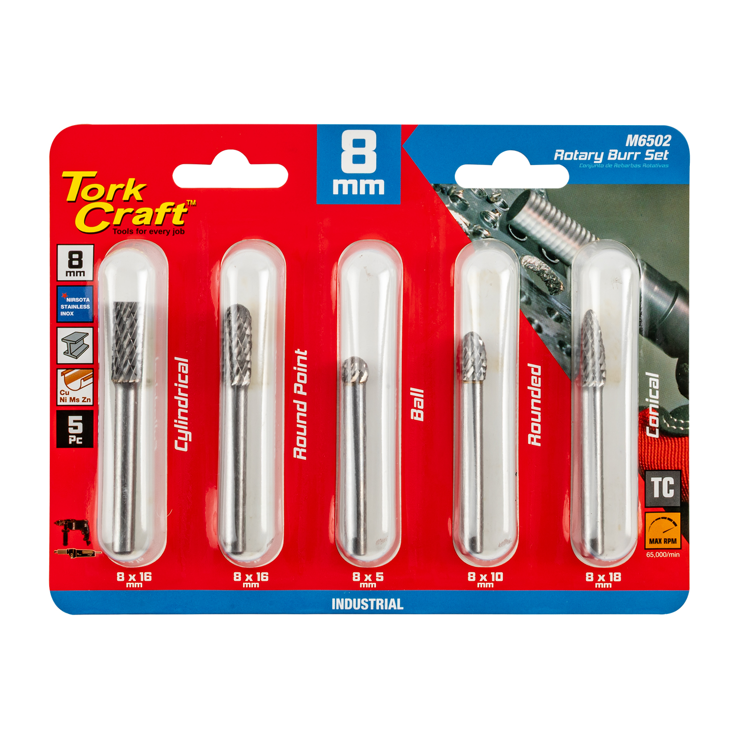 ROTARY BURR SET 5 PC ASSTD 8MM DIA TUNGSTEN