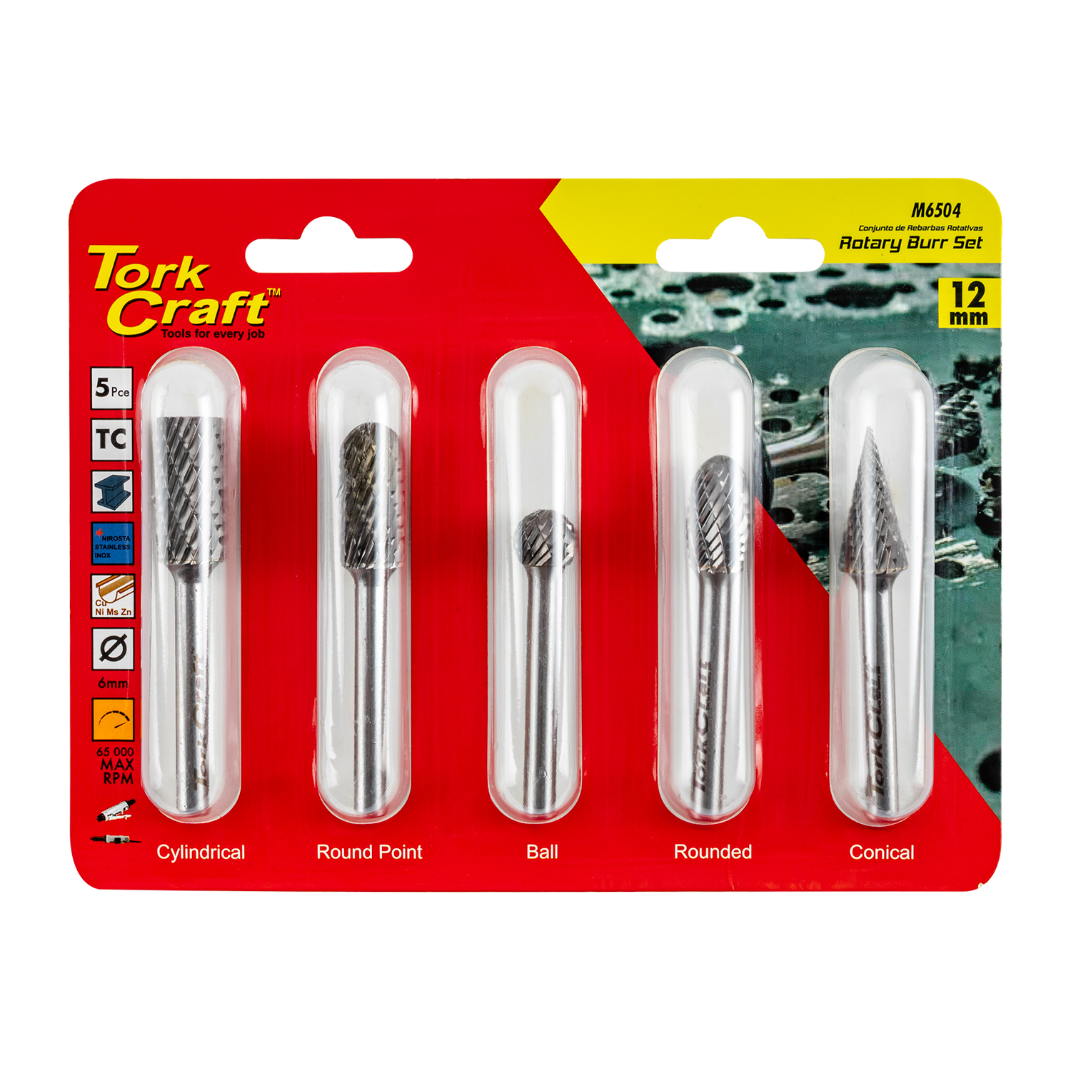 ROTARY BURR SET 5 PC ASSTD 12MM DIA TUNGSTEN